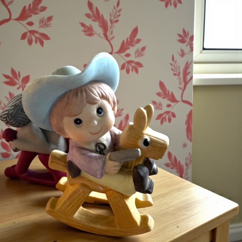 Vintage Homco 1417 Cowboy Boy Rocking Horse Figurine Bisque Porcelain Nursery